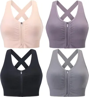 Evercute Zip Front Post-Surgery Bra Women's Wireless Sports Bras Padded Strappy Medium Support Yoga Exercise Athletic Bras