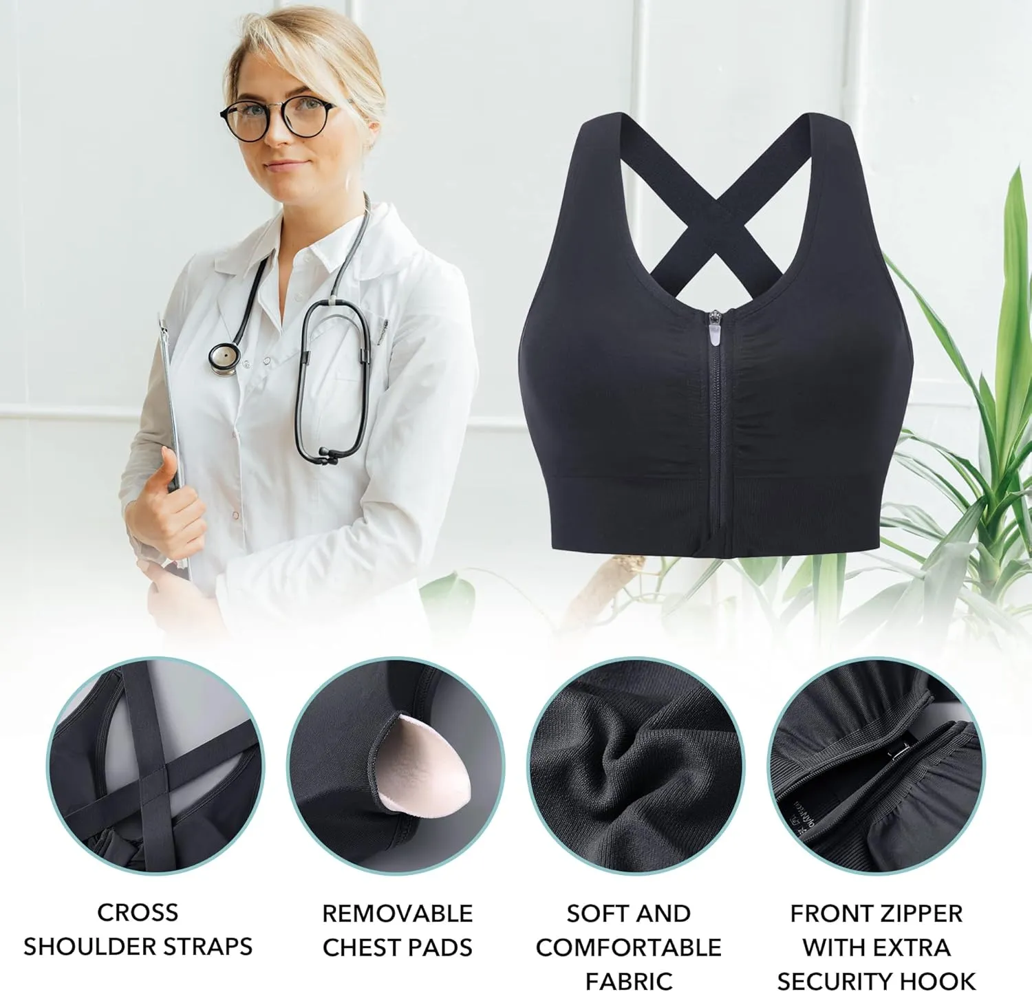 Evercute Zip Front Post-Surgery Bra Women's Wireless Sports Bras Padded Strappy Medium Support Yoga Exercise Athletic Bras