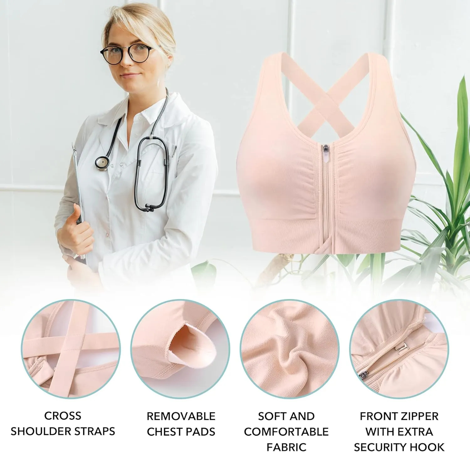 Evercute Zip Front Post-Surgery Bra Women's Wireless Sports Bras Padded Strappy Medium Support Yoga Exercise Athletic Bras