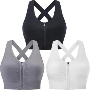Evercute Zip Front Post-Surgery Bra Women's Wireless Sports Bras Padded Strappy Medium Support Yoga Exercise Athletic Bras
