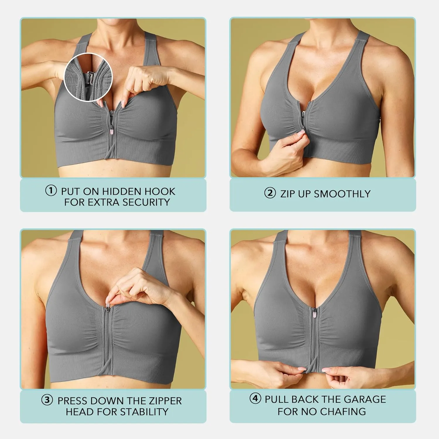 Evercute Zip Front Post-Surgery Bra Women's Wireless Sports Bras Padded Strappy Medium Support Yoga Exercise Athletic Bras