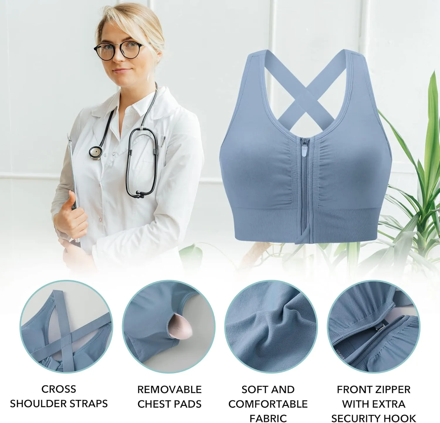 Evercute Zip Front Post-Surgery Bra Women's Wireless Sports Bras Padded Strappy Medium Support Yoga Exercise Athletic Bras