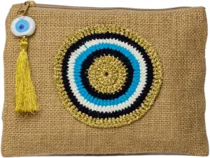 Evil Eye Eco-Friendly Jute Small Clutch Purse Handheld Pouch Bag with Zipper Tassel Decorations Natural Beige