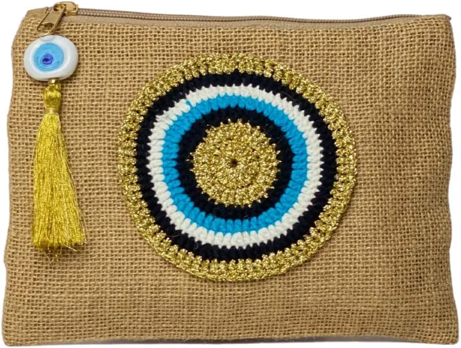 Evil Eye Eco-Friendly Jute Small Clutch Purse Handheld Pouch Bag with Zipper Tassel Decorations Natural Beige