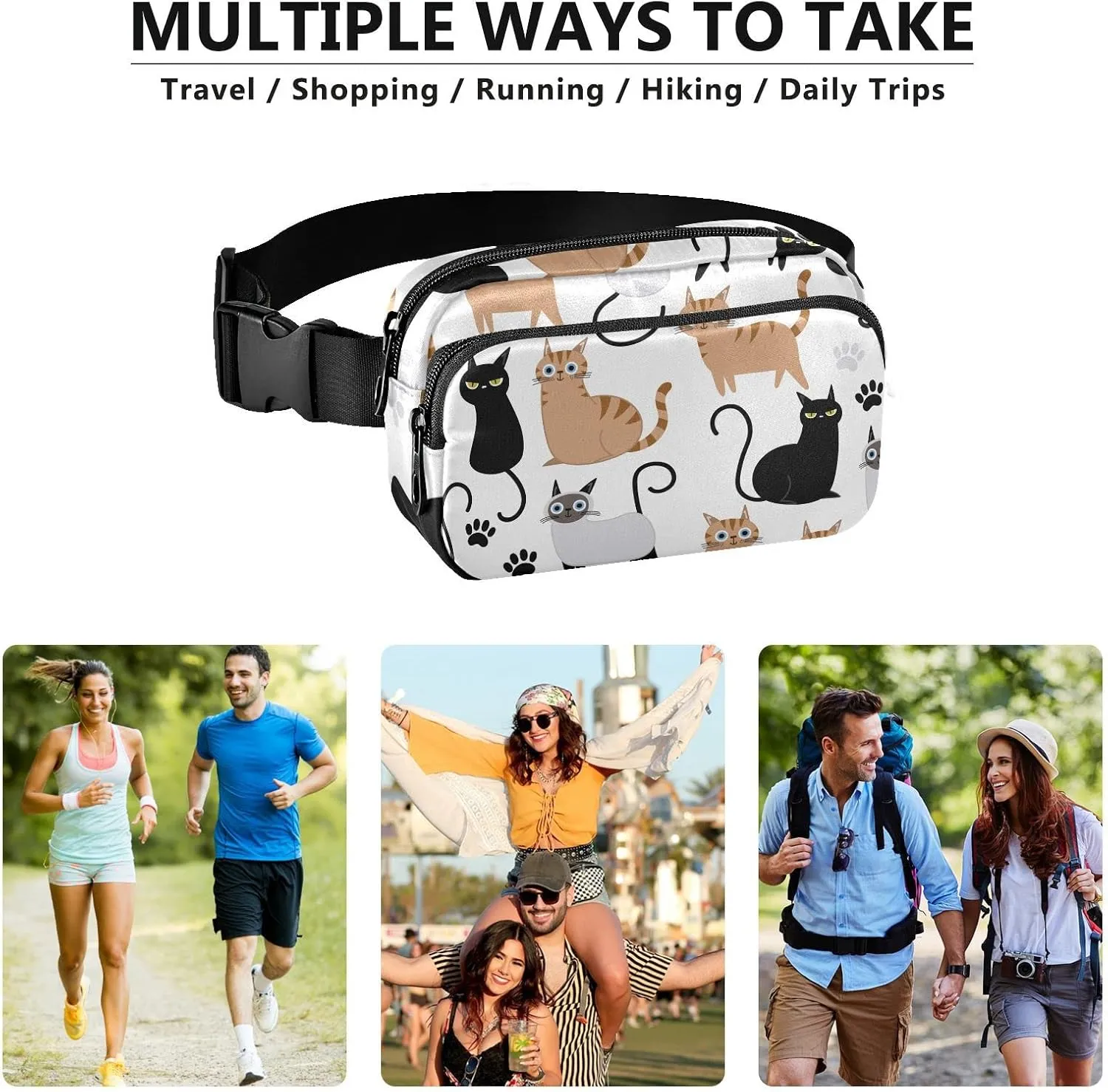 Exnundod Cute Cat Fanny Pack kitten Waist Purse Bag for Women Men Adjustable Belt Bag Waterproof Crossbody Bag for Traveling Running Hiking Outdoor