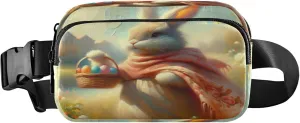 Exnundod Fanny Packs for Women & Men Oil Painting Bunny, Waist Pack Easter Rabbit Egg Crossbody Bags Belt Adjustable Strap for Running Hiking Workout