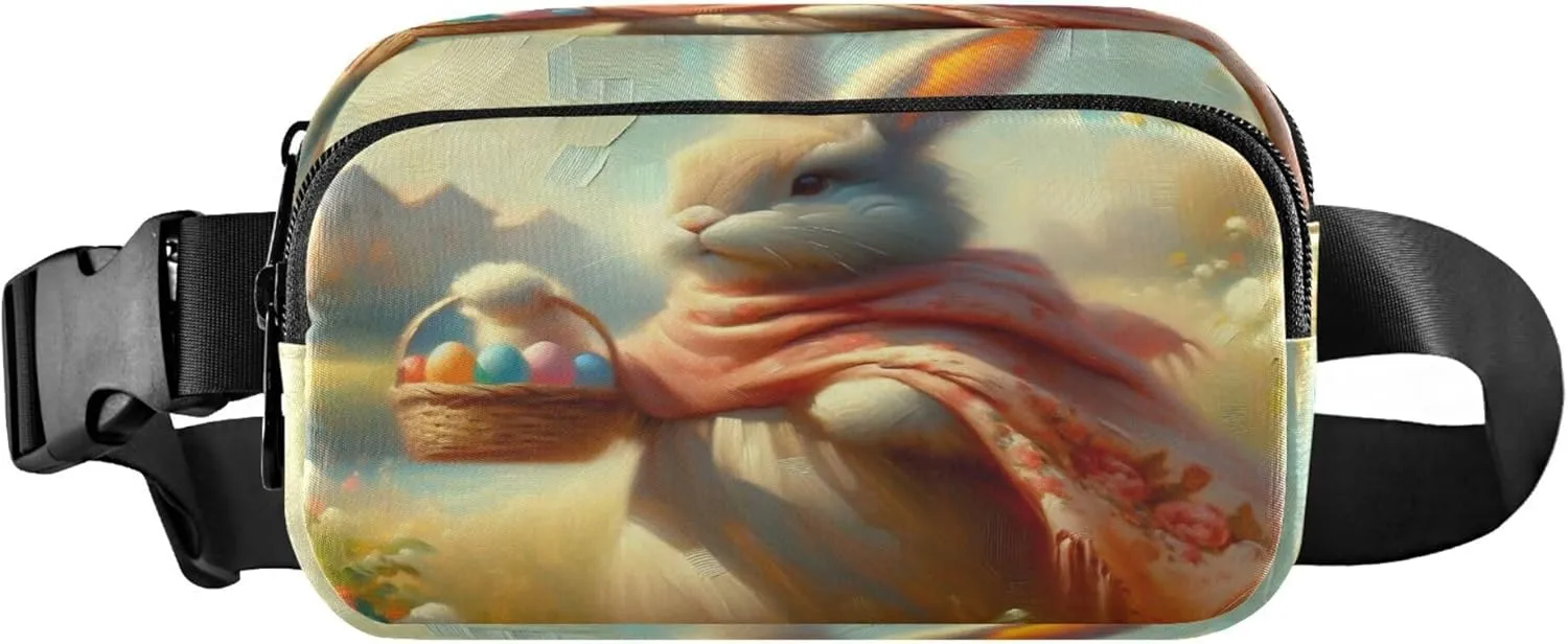 Exnundod Fanny Packs for Women & Men Oil Painting Bunny, Waist Pack Easter Rabbit Egg Crossbody Bags Belt Adjustable Strap for Running Hiking Workout
