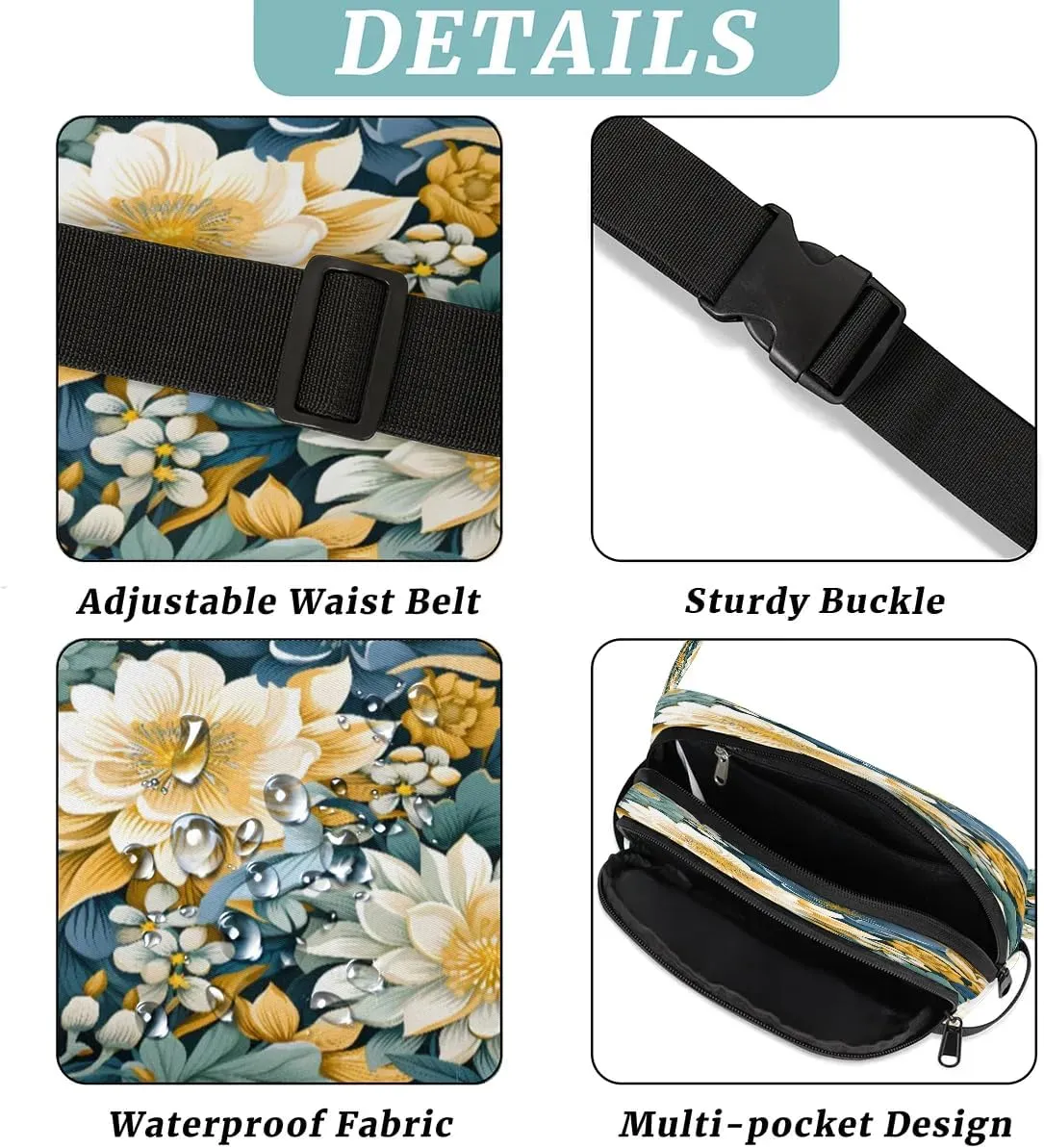 Exquisite Vivid Pattern Flower Fanny Packs for Women Men Waterproof Waist Bag with Adjustable Strap Belt Bag for Travel Running Hiking