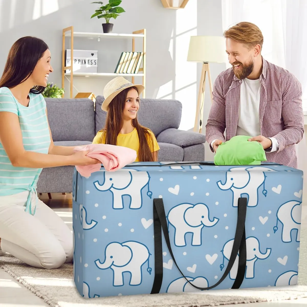 Extra Large Moving Bags Elephants Love Heart Storage Bags with Handles and Zippers Large Packing Bags for Space Saving Storage Totes Moving Supplies
