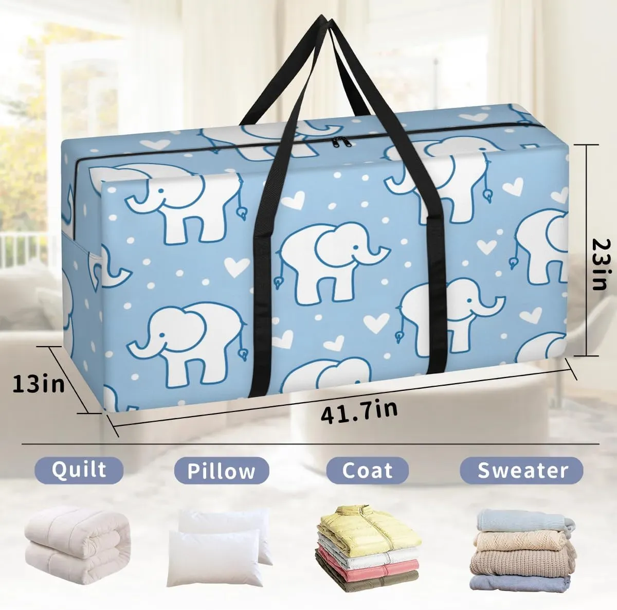 Extra Large Moving Bags Elephants Love Heart Storage Bags with Handles and Zippers Large Packing Bags for Space Saving Storage Totes Moving Supplies