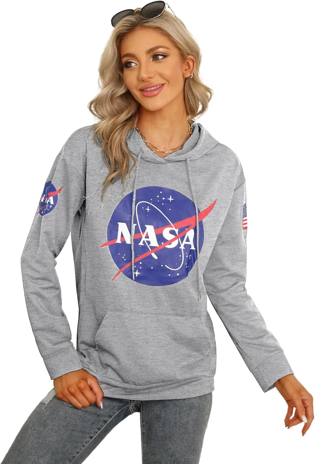 Ezcosplay Women Long Sleeve NASA Pullover Hoodie Space Graphic Sweatshirt with Pocket