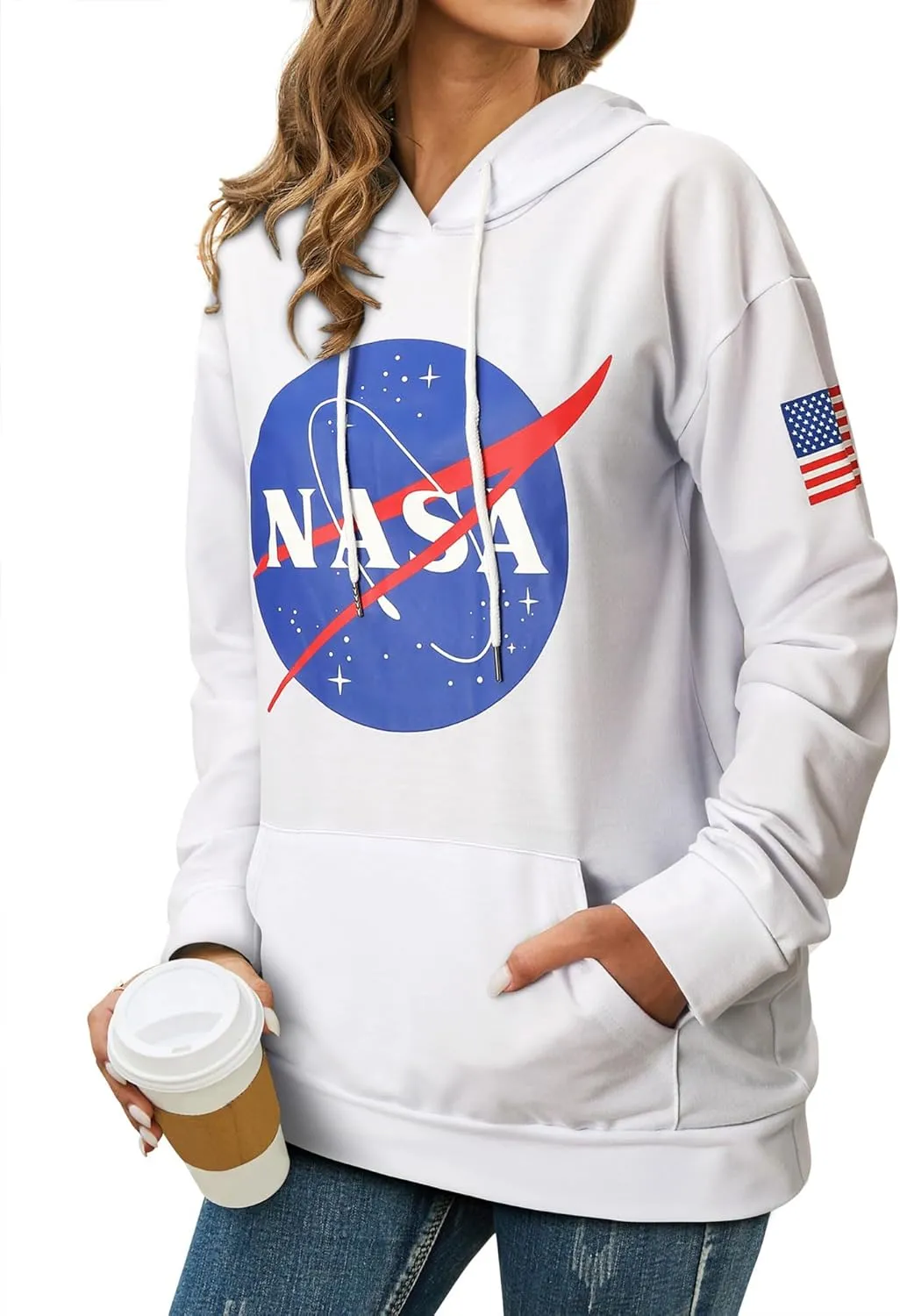 Ezcosplay Women Long Sleeve NASA Pullover Hoodie Space Graphic Sweatshirt with Pocket