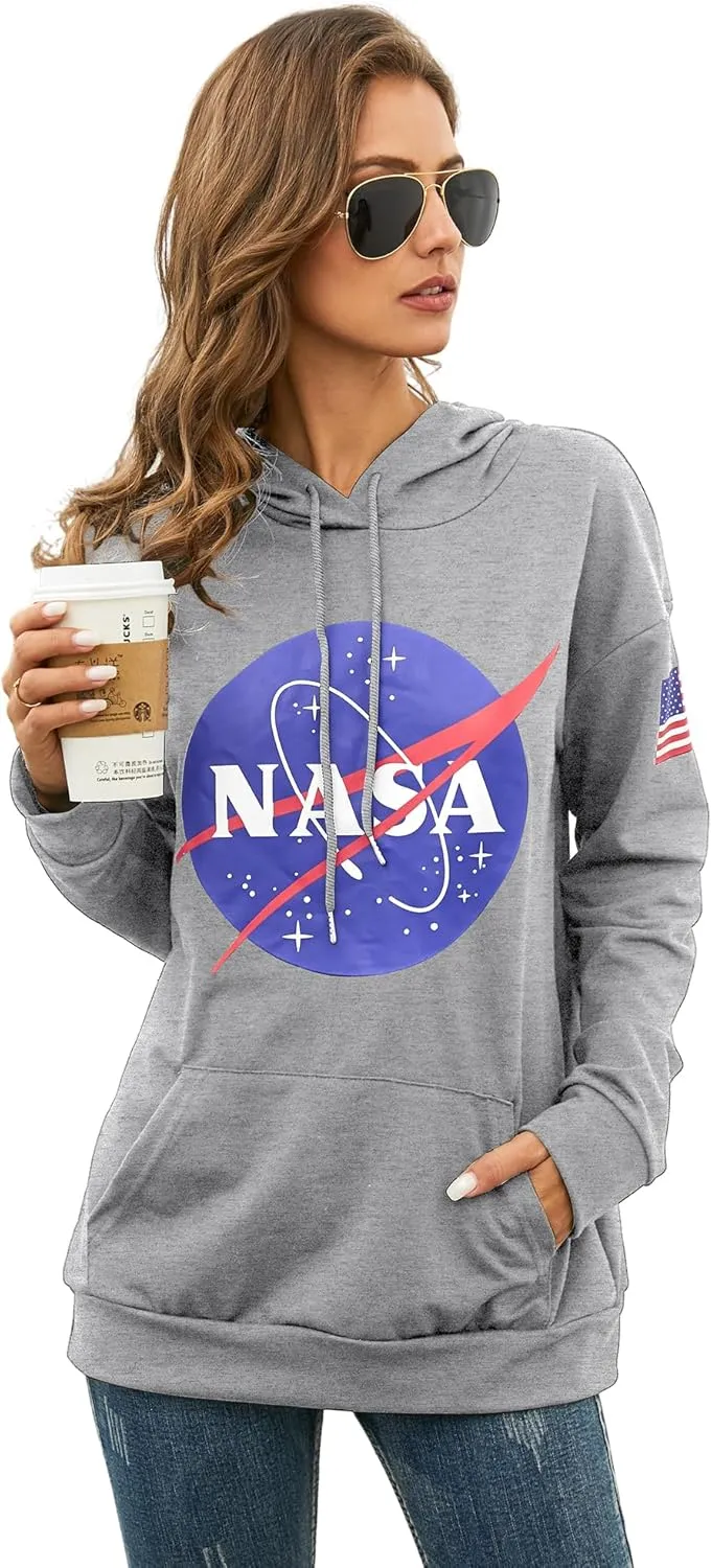 Ezcosplay Women Long Sleeve NASA Pullover Hoodie Space Graphic Sweatshirt with Pocket