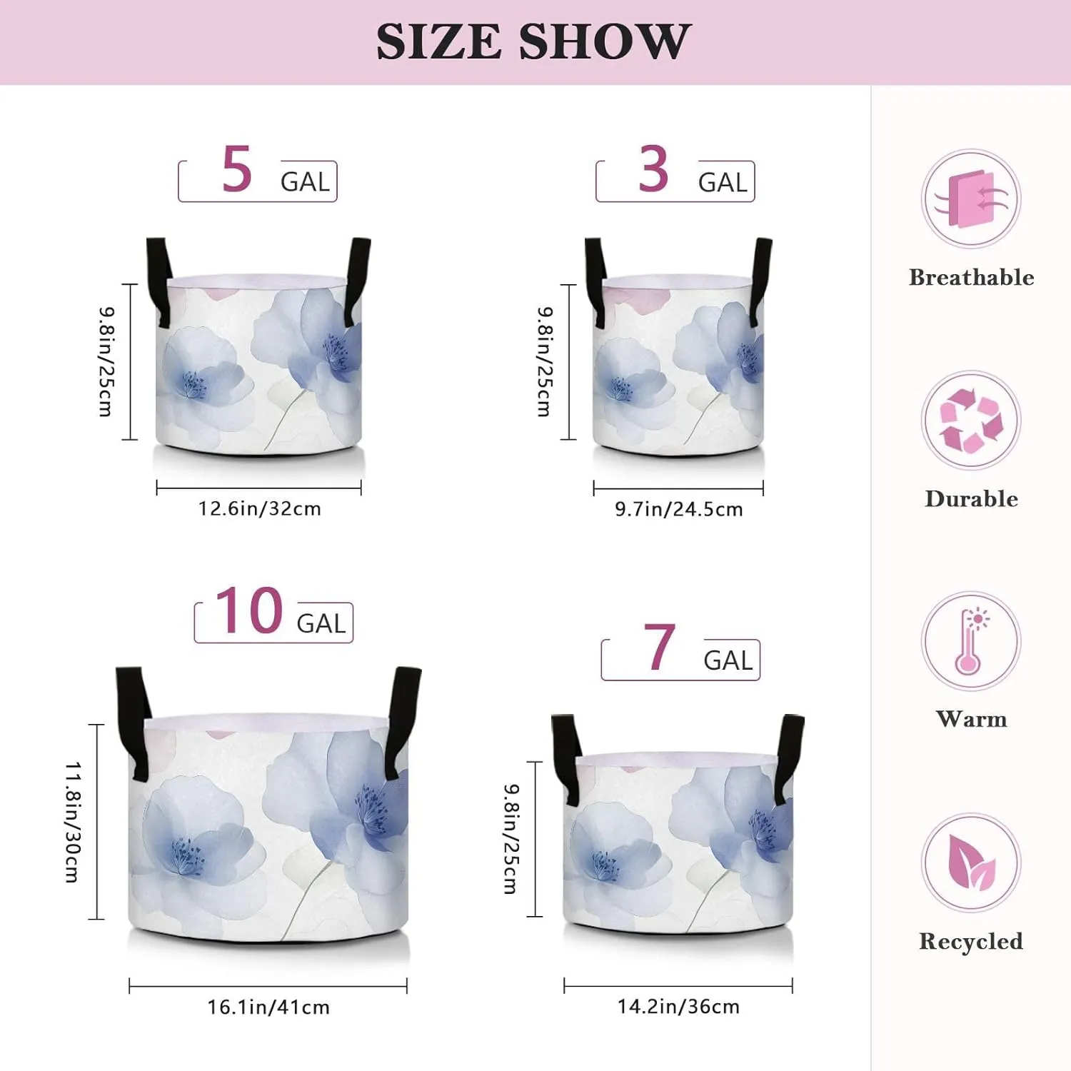 Fabric Plant Grow Bags-Pale Flowers, 7 Gallon Cloth Planting Pouch Flower Pot Thickened for Garden Vegetable Flower Planting