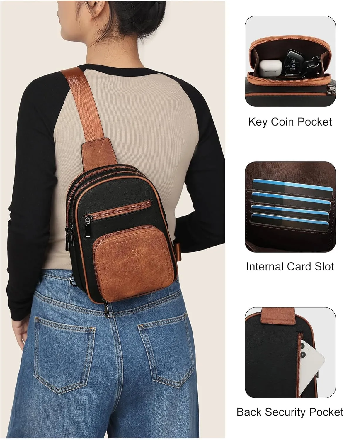 FADEON Sling Bags for Women Crossbody Bags, Designer PU Leather Sling Purse Multi-Pocket Packs with Card Slot Black Brown