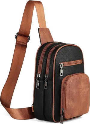FADEON Sling Bags for Women Crossbody Bags, Designer PU Leather Sling Purse Multi-Pocket Packs with Card Slot Black Brown