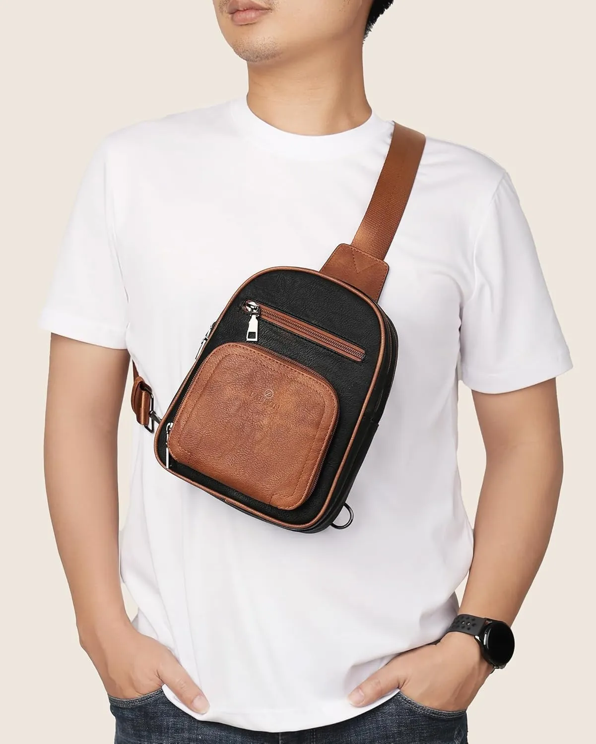 FADEON Sling Bags for Women Crossbody Bags, Designer PU Leather Sling Purse Multi-Pocket Packs with Card Slot Black Brown