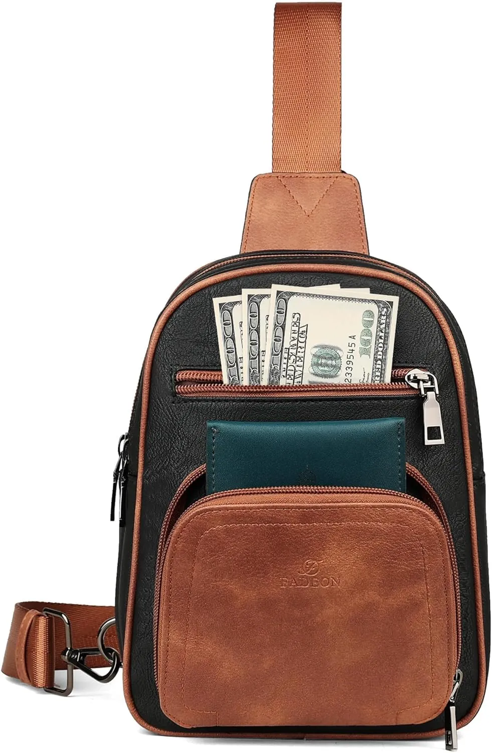 FADEON Sling Bags for Women Crossbody Bags, Designer PU Leather Sling Purse Multi-Pocket Packs with Card Slot Black Brown