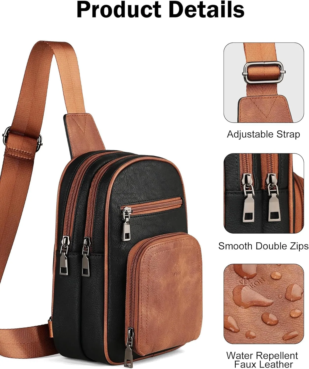 FADEON Sling Bags for Women Crossbody Bags, Designer PU Leather Sling Purse Multi-Pocket Packs with Card Slot Black Brown
