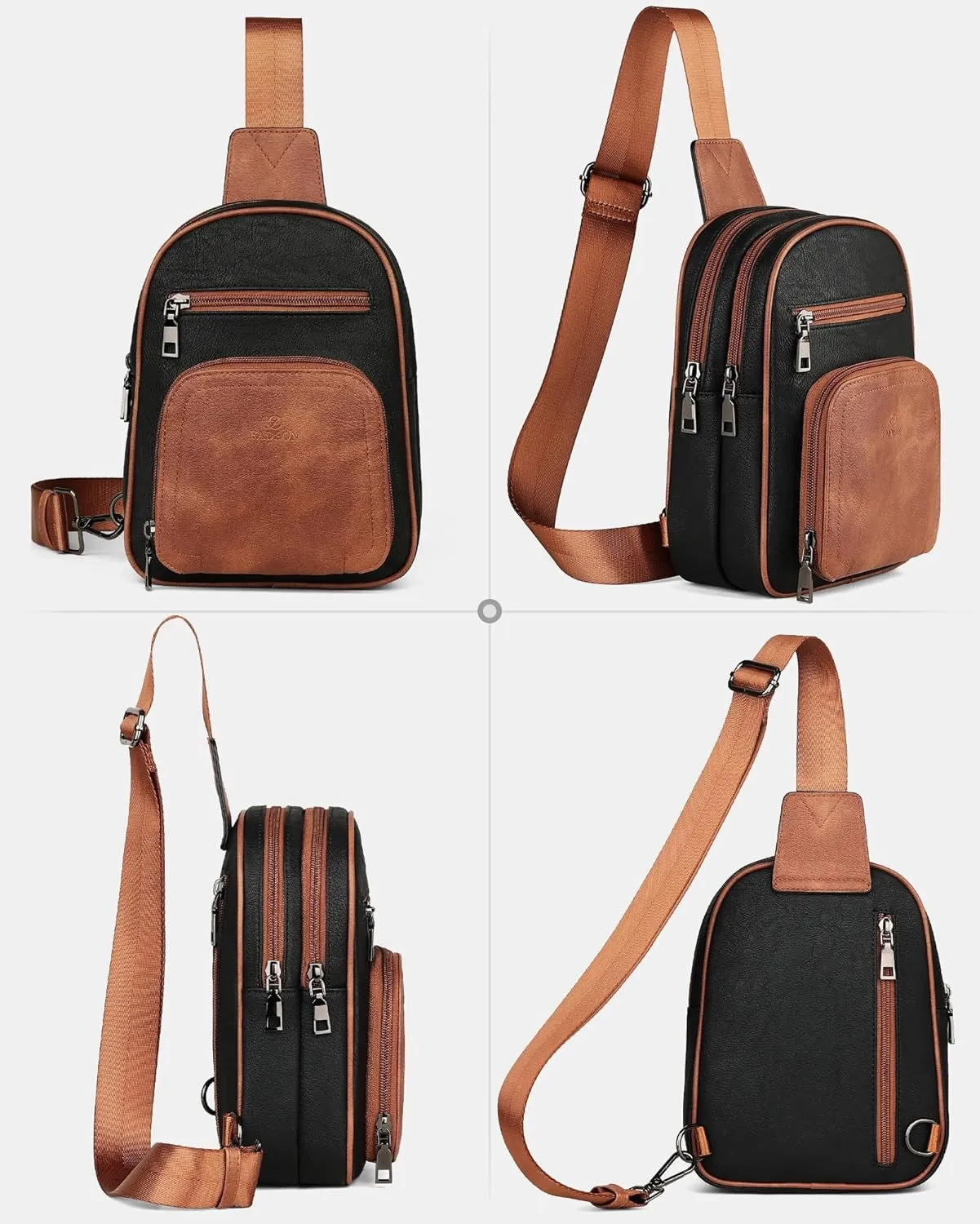 FADEON Sling Bags for Women Crossbody Bags, Designer PU Leather Sling Purse Multi-Pocket Packs with Card Slot Black Brown