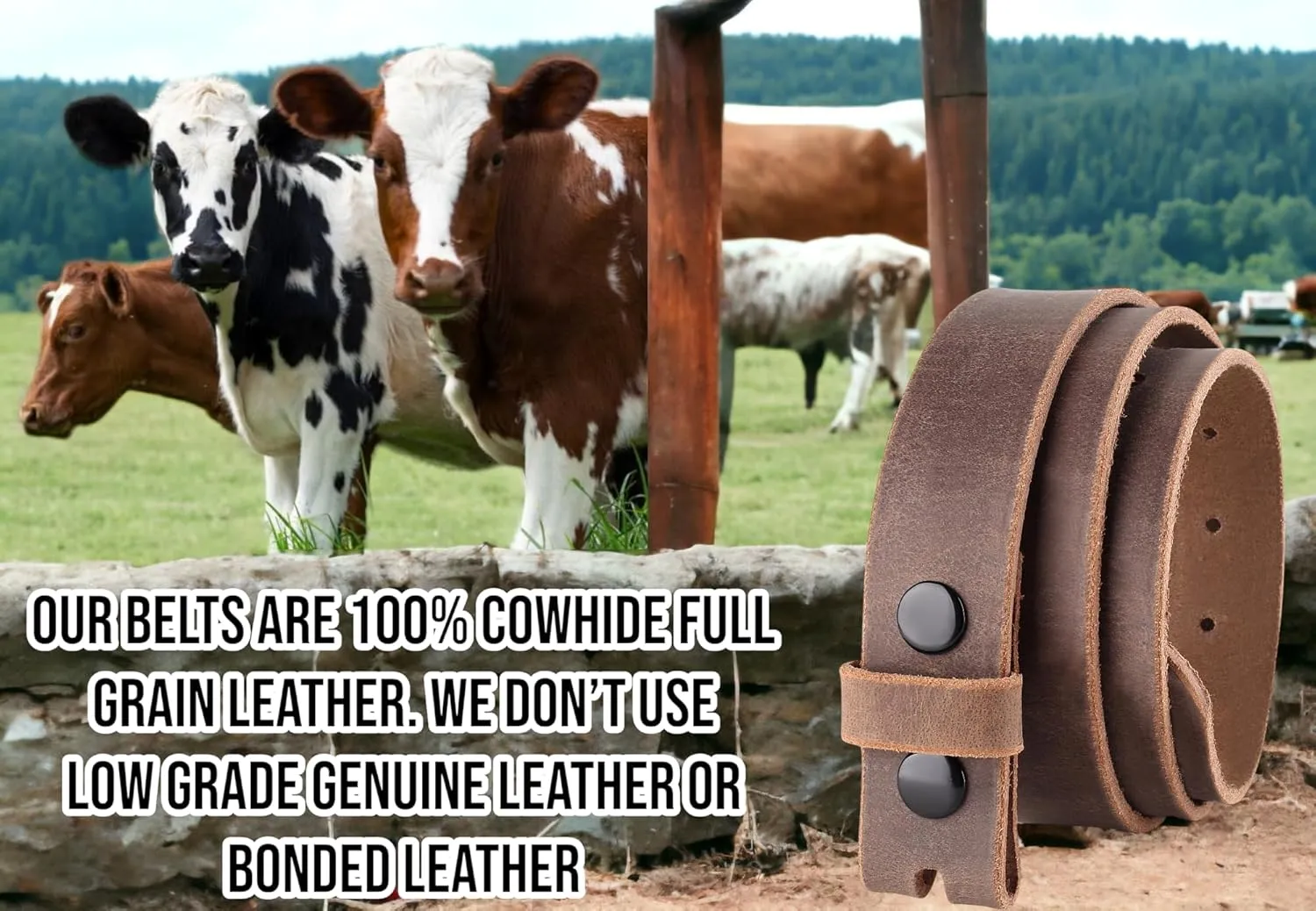 F&L CLASSIC Belt for Buckles 100% Full Grain One Piece Leather Belt, w/Snaps for Interchangeable Buckles,1.25" wide,