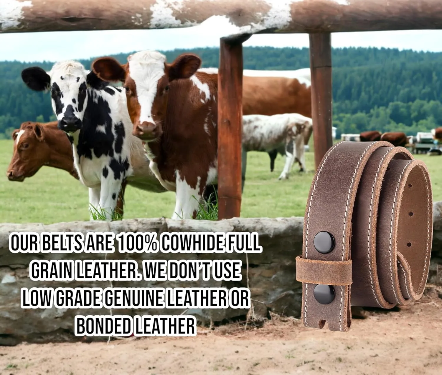 F&L CLASSIC Belt for Buckles 100% Full Grain One Piece Leather Belt, w/Snaps for Interchangeable Buckles,1.25" wide,