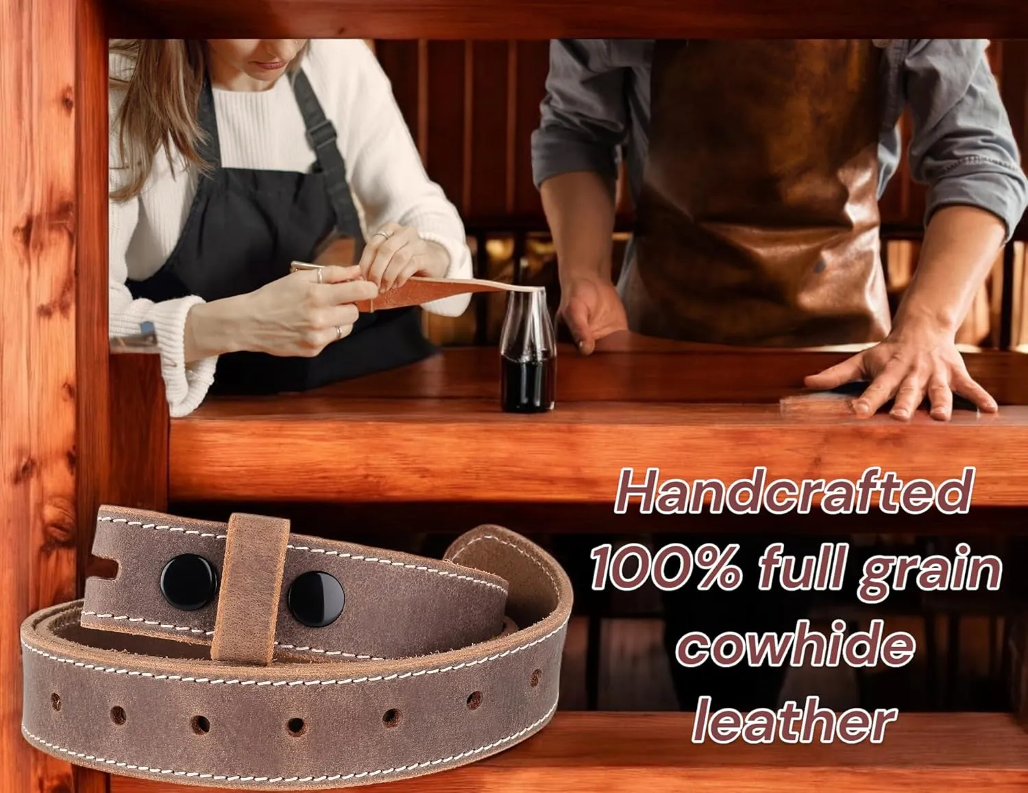 F&L CLASSIC Belt for Buckles 100% Full Grain One Piece Leather Belt, w/Snaps for Interchangeable Buckles,1.25" wide,
