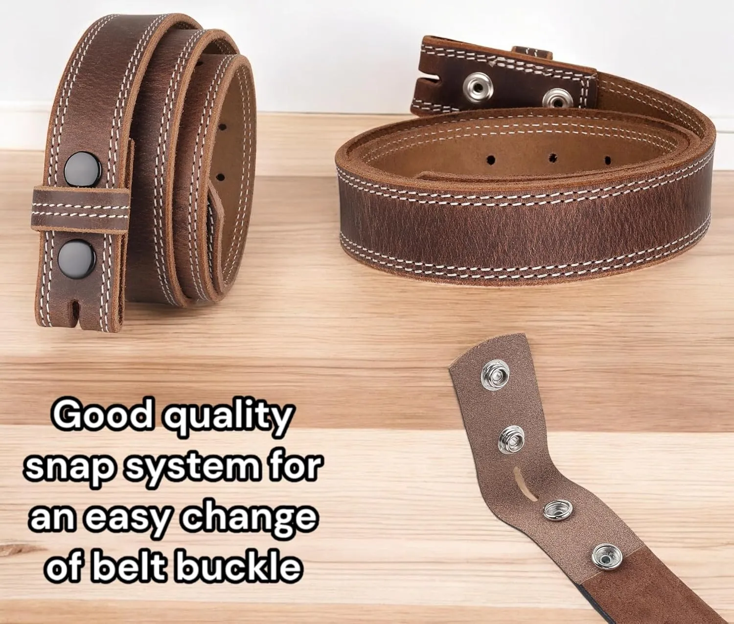 F&L CLASSIC Belt for Buckles 100% Full Grain One Piece Leather Belt, w/Snaps for Interchangeable Buckles,1.25" wide,