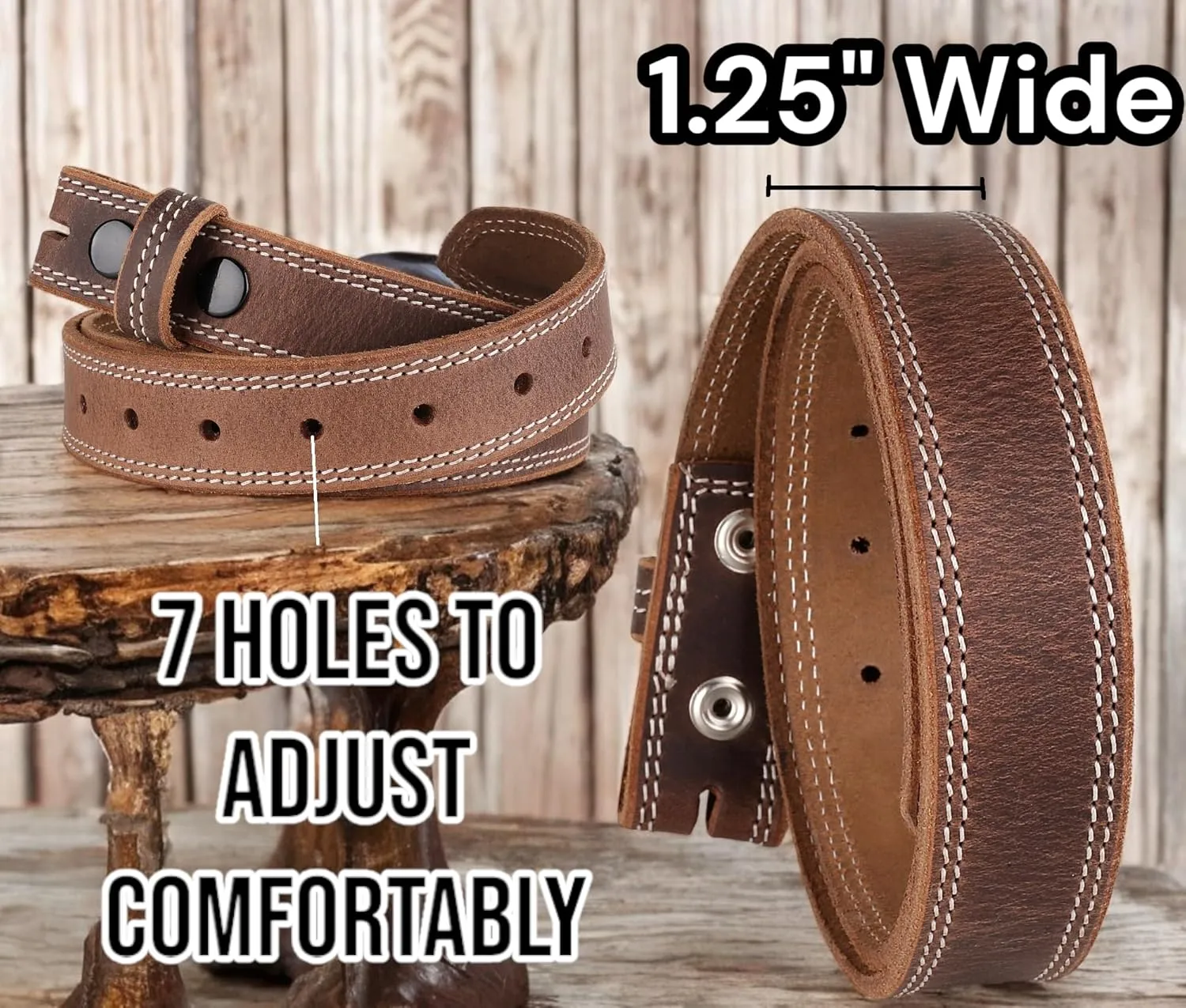 F&L CLASSIC Belt for Buckles 100% Full Grain One Piece Leather Belt, w/Snaps for Interchangeable Buckles,1.25" wide,