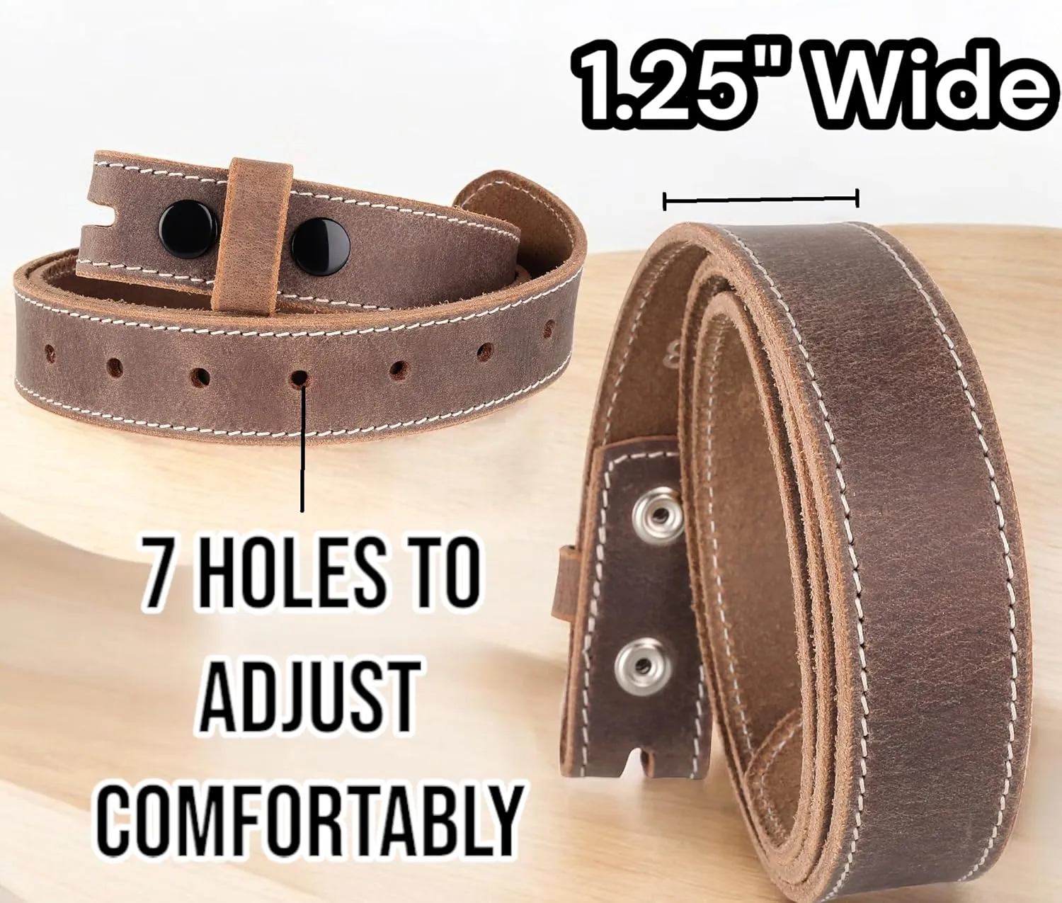 F&L CLASSIC Belt for Buckles 100% Full Grain One Piece Leather Belt, w/Snaps for Interchangeable Buckles,1.25" wide,