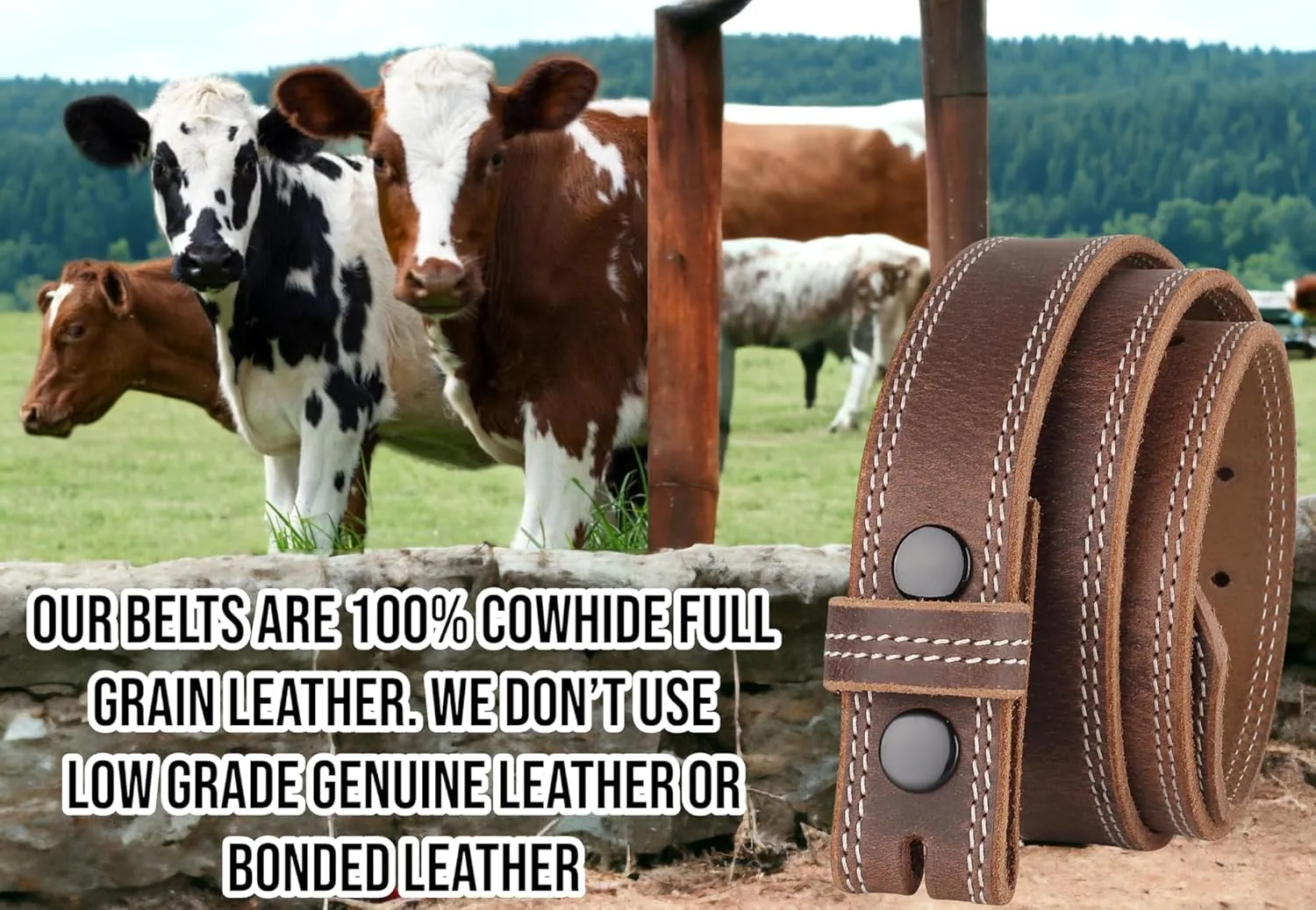 F&L CLASSIC Belt for Buckles 100% Full Grain One Piece Leather Belt, w/Snaps for Interchangeable Buckles,1.25" wide,