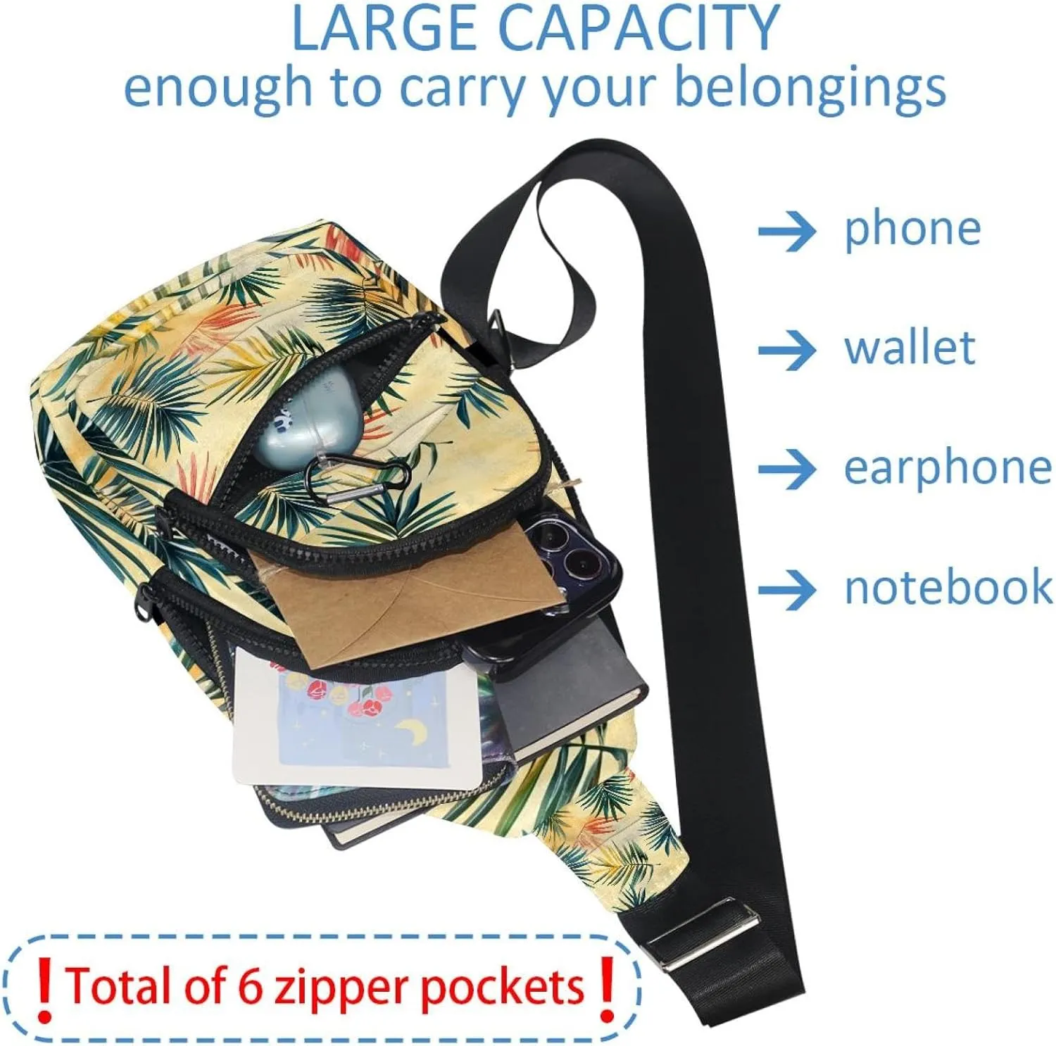Fanny Pack Cross Body Bag for Outdoors Hiking Traveling, Tropical Palm Leaves
