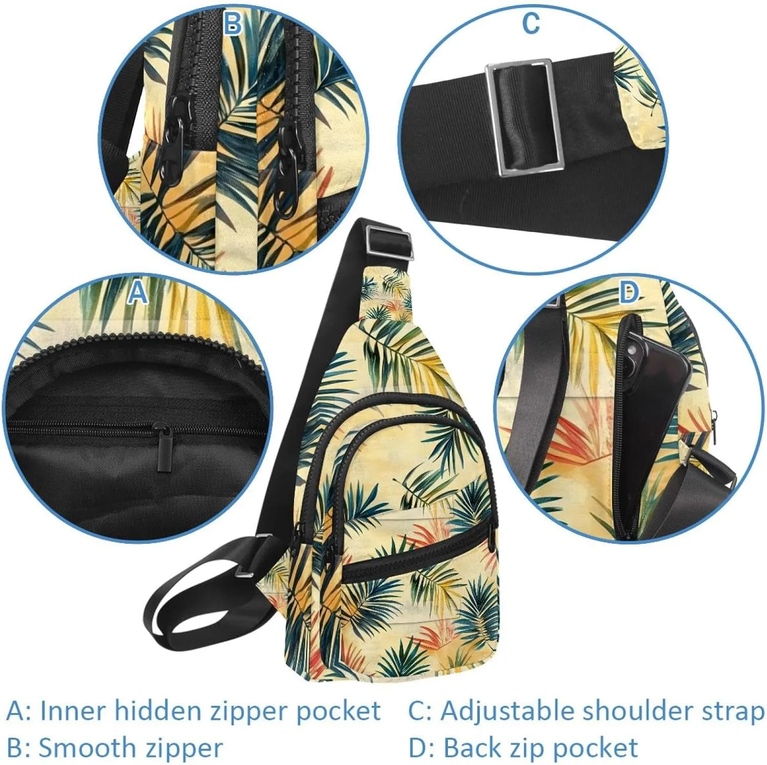 Fanny Pack Cross Body Bag for Outdoors Hiking Traveling, Tropical Palm Leaves