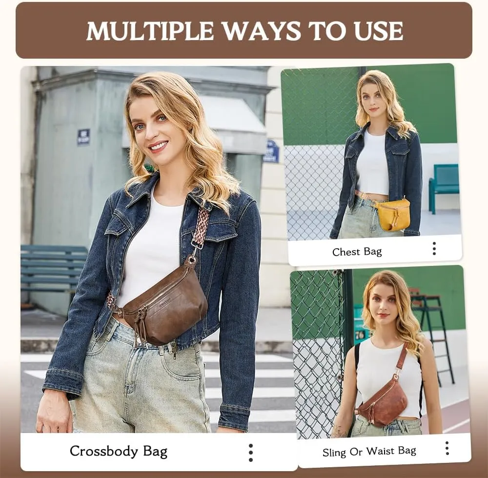 Fanny Pack Crossbody Bags for Women Vegan Leather Belt Bag Waist Pack Causal Chest Bum Bag Brown With 2 Straps
