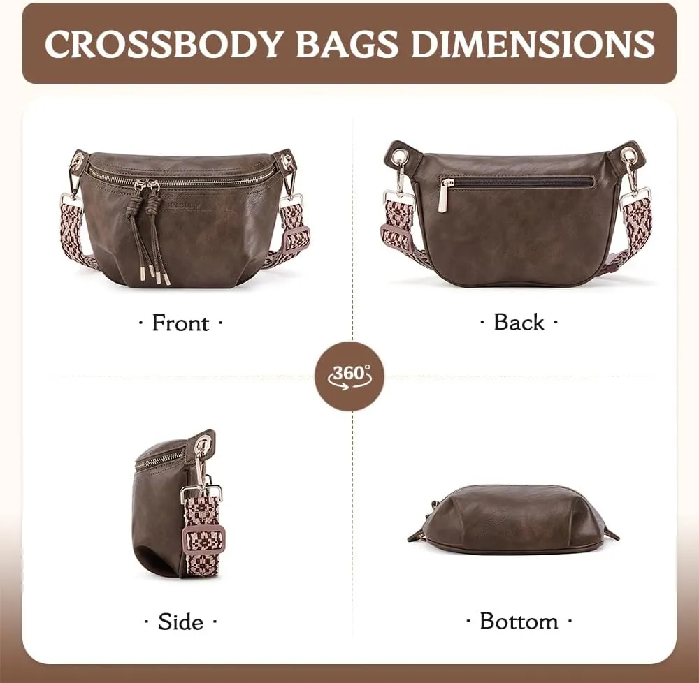 Fanny Pack Crossbody Bags for Women Vegan Leather Belt Bag Waist Pack Causal Chest Bum Bag Brown With 2 Straps