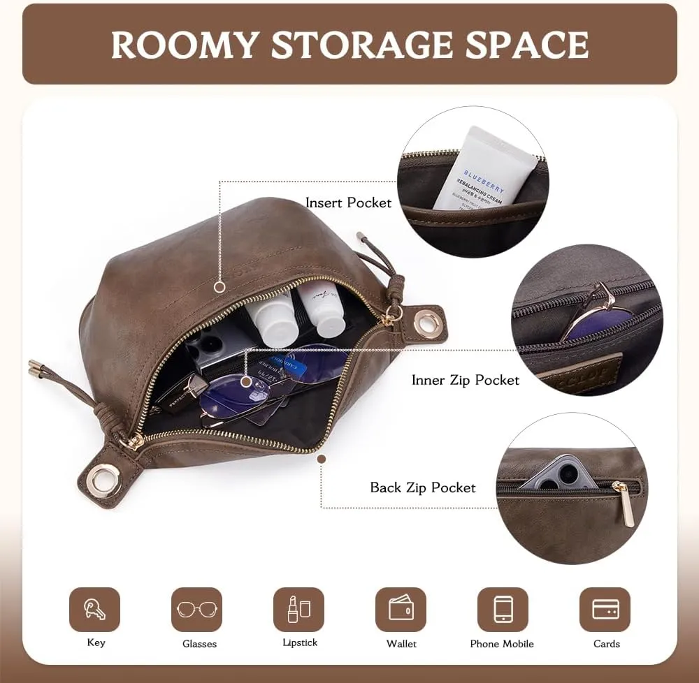 Fanny Pack Crossbody Bags for Women Vegan Leather Belt Bag Waist Pack Causal Chest Bum Bag Brown With 2 Straps