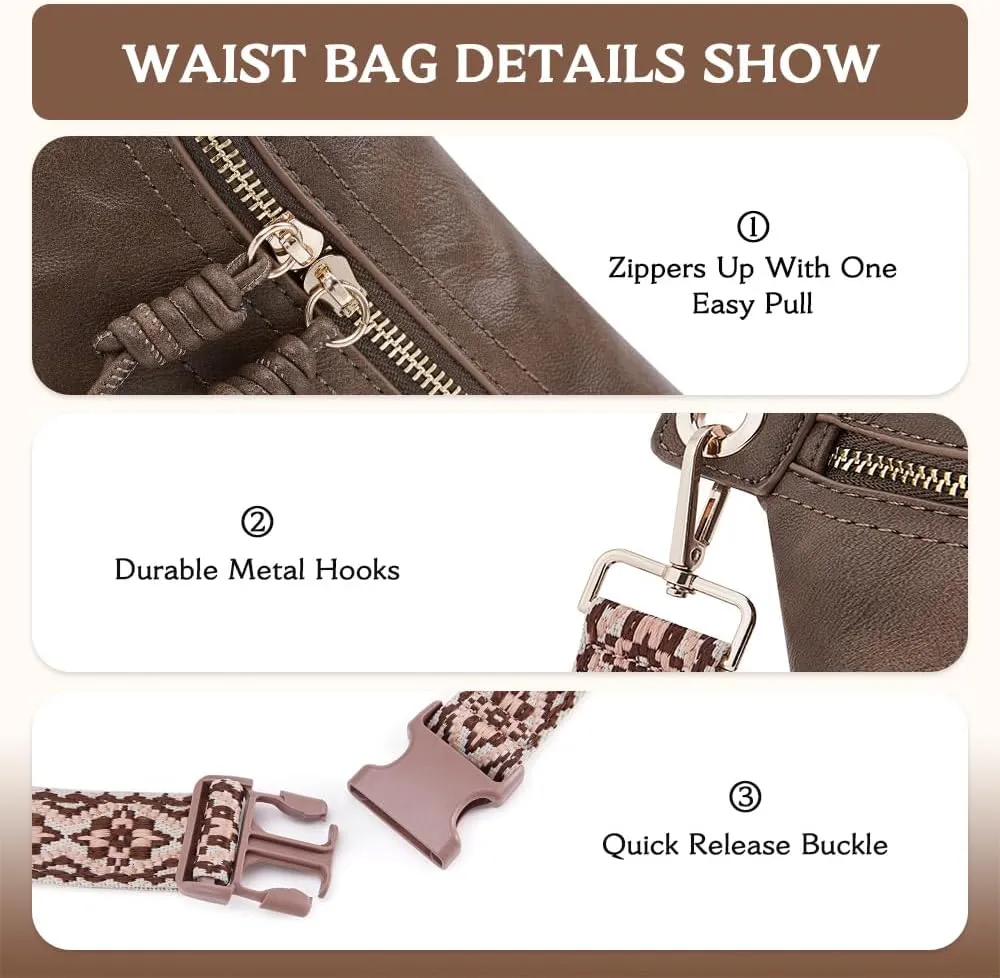 Fanny Pack Crossbody Bags for Women Vegan Leather Belt Bag Waist Pack Causal Chest Bum Bag Brown With 2 Straps