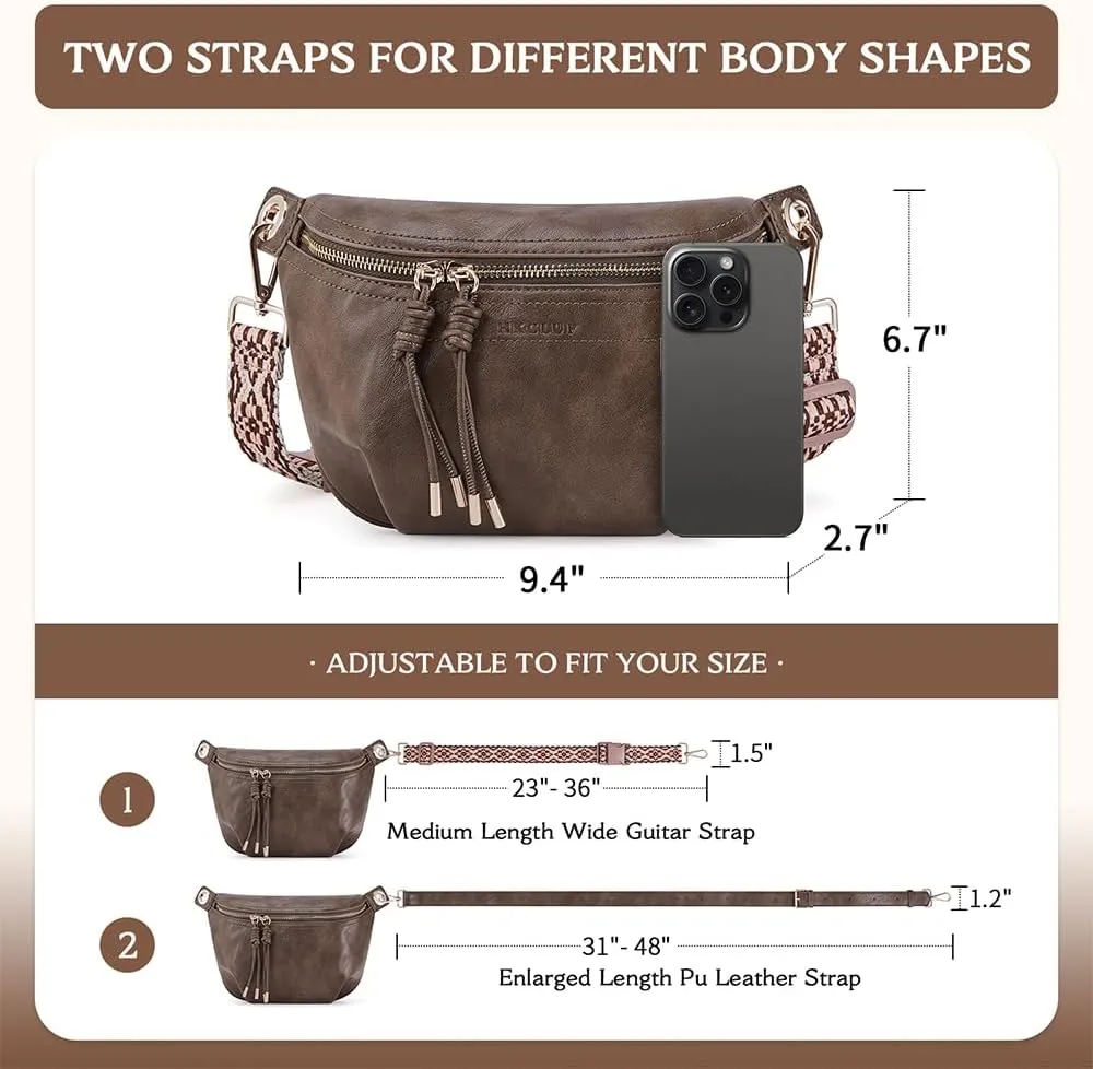 Fanny Pack Crossbody Bags for Women Vegan Leather Belt Bag Waist Pack Causal Chest Bum Bag Brown With 2 Straps
