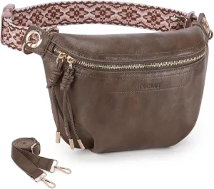 Fanny Pack Crossbody Bags for Women Vegan Leather Belt Bag Waist Pack Causal Chest Bum Bag Brown With 2 Straps