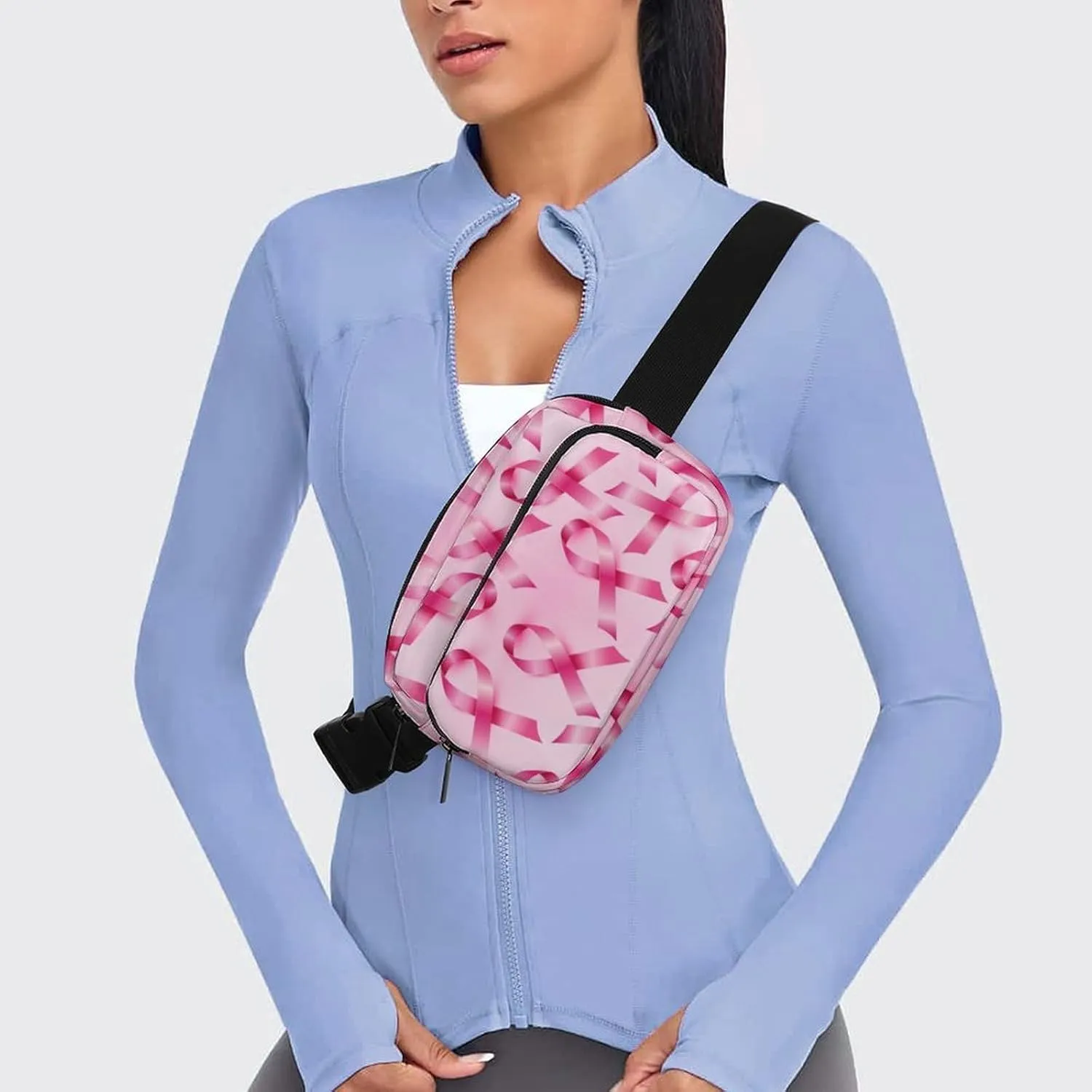 Fanny Pack Crossbody Belt Bag for Workout Hiking Cycling, Breast Cancer Ribbons Awareness Pink Waist Pouch for Men Women Water-resistant Hip Bum Bag with Adjustable Strap