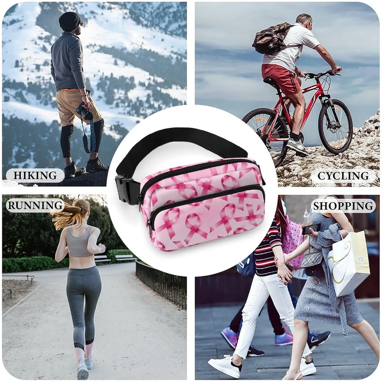 Fanny Pack Crossbody Belt Bag for Workout Hiking Cycling, Breast Cancer Ribbons Awareness Pink Waist Pouch for Men Women Water-resistant Hip Bum Bag with Adjustable Strap