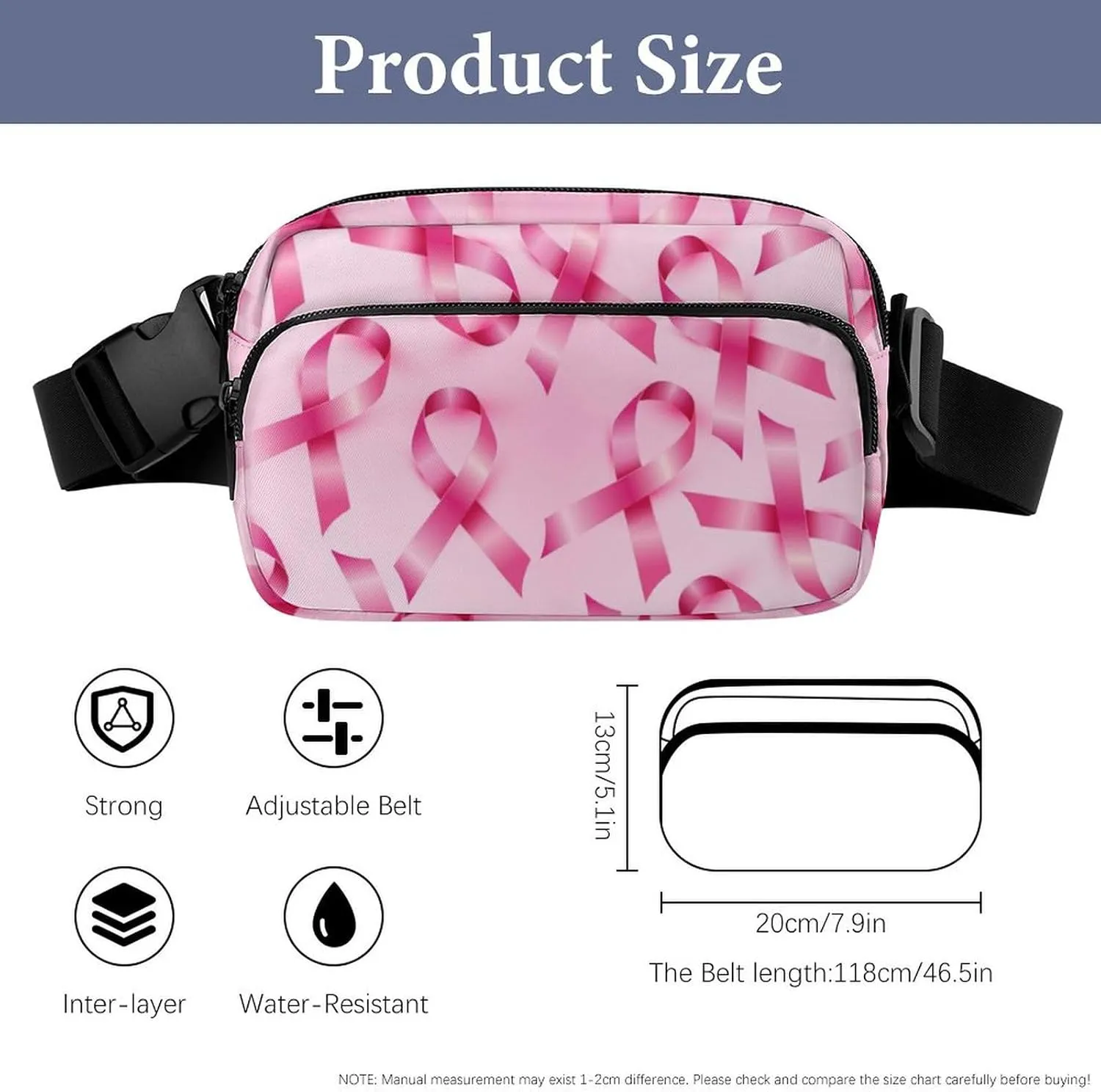 Fanny Pack Crossbody Belt Bag for Workout Hiking Cycling, Breast Cancer Ribbons Awareness Pink Waist Pouch for Men Women Water-resistant Hip Bum Bag with Adjustable Strap