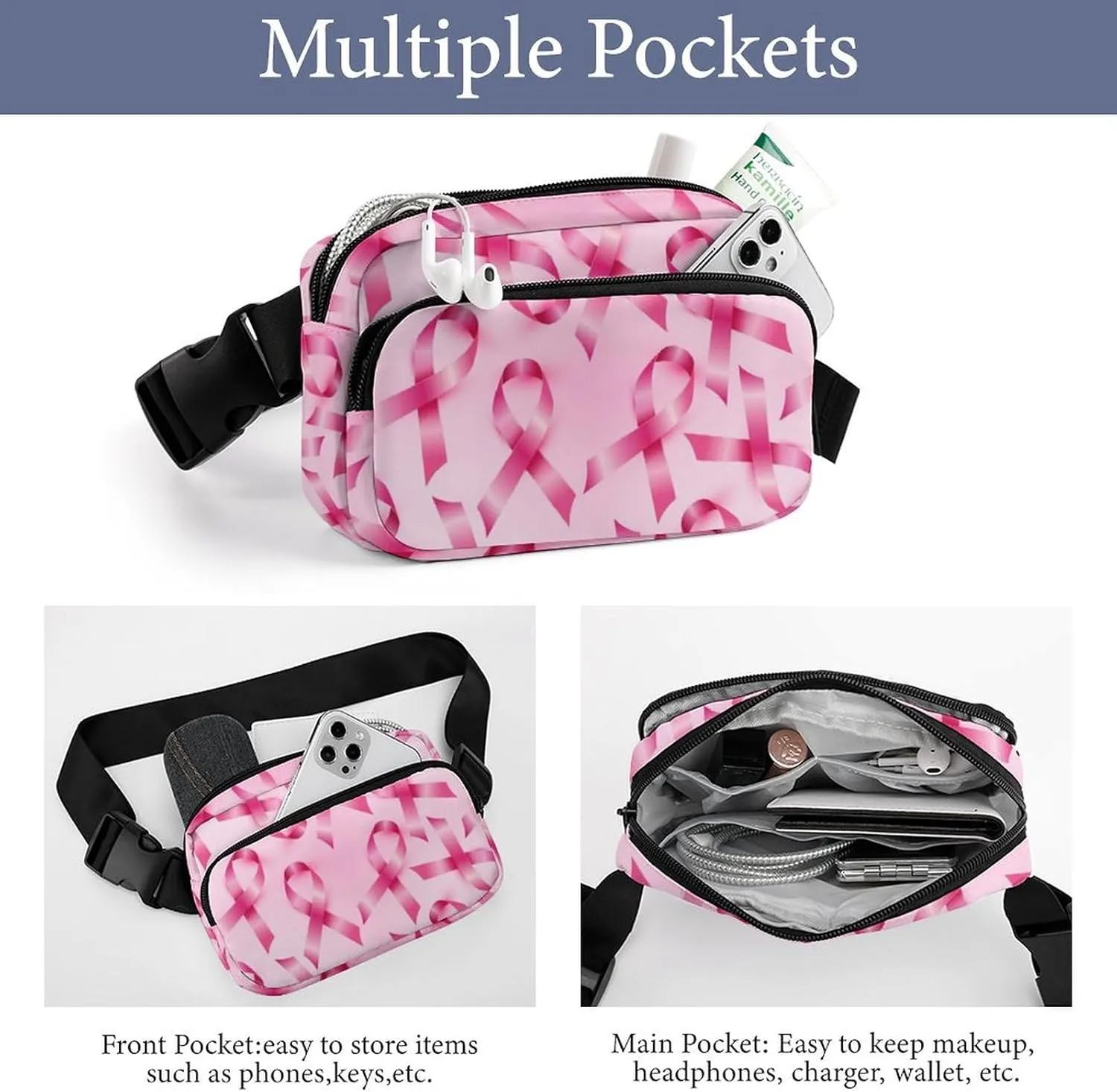 Fanny Pack Crossbody Belt Bag for Workout Hiking Cycling, Breast Cancer Ribbons Awareness Pink Waist Pouch for Men Women Water-resistant Hip Bum Bag with Adjustable Strap