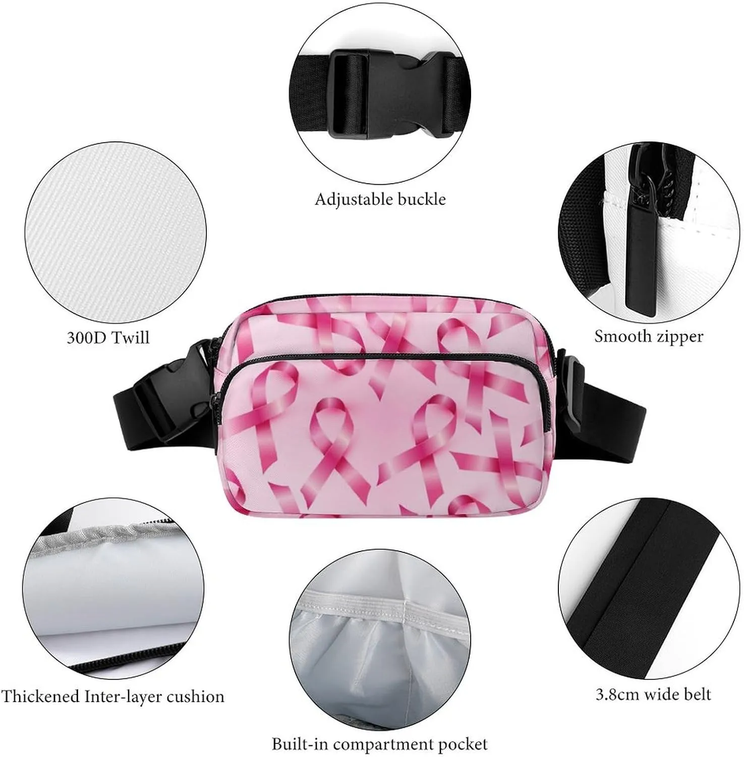 Fanny Pack Crossbody Belt Bag for Workout Hiking Cycling, Breast Cancer Ribbons Awareness Pink Waist Pouch for Men Women Water-resistant Hip Bum Bag with Adjustable Strap