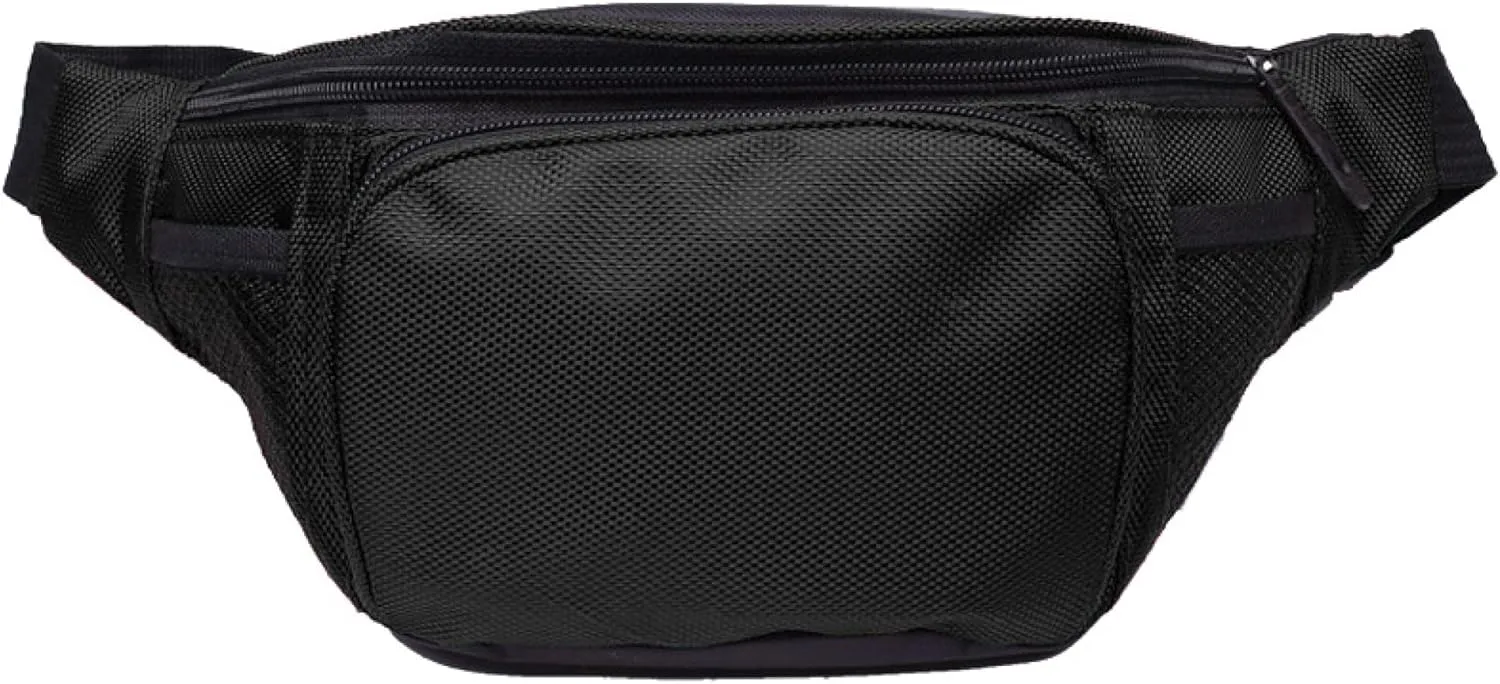 Fanny Pack For Men Women Nylon Zipper Waist Crossbody Waterproof Bag (Black)