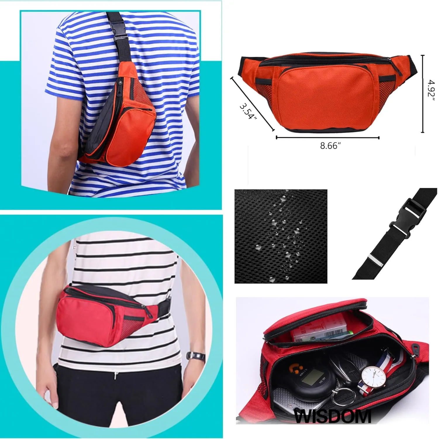 Fanny Pack For Men Women Nylon Zipper Waist Crossbody Waterproof Bag (Black)