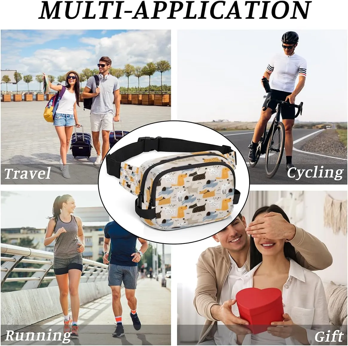 Fanny Pack for Women Men Abstract Dogs Crossbody Belt Bag with 3 Zipper Pockets Fashion Waterproof Waist Pack with Adjustable Strap for Travel Running Hiking Cycling