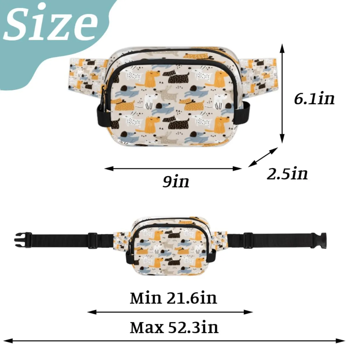 Fanny Pack for Women Men Abstract Dogs Crossbody Belt Bag with 3 Zipper Pockets Fashion Waterproof Waist Pack with Adjustable Strap for Travel Running Hiking Cycling