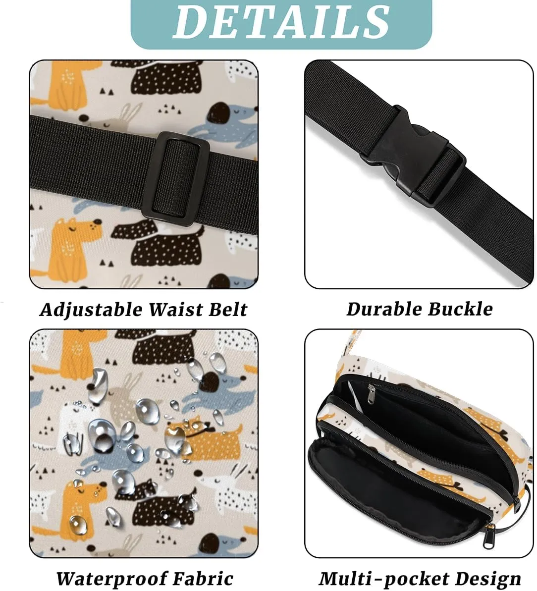 Fanny Pack for Women Men Abstract Dogs Crossbody Belt Bag with 3 Zipper Pockets Fashion Waterproof Waist Pack with Adjustable Strap for Travel Running Hiking Cycling