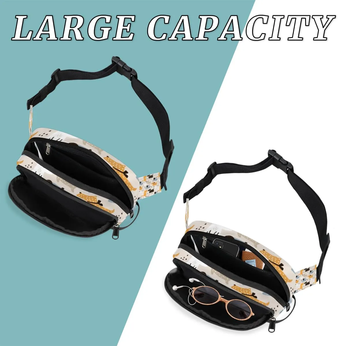 Fanny Pack for Women Men Abstract Dogs Crossbody Belt Bag with 3 Zipper Pockets Fashion Waterproof Waist Pack with Adjustable Strap for Travel Running Hiking Cycling